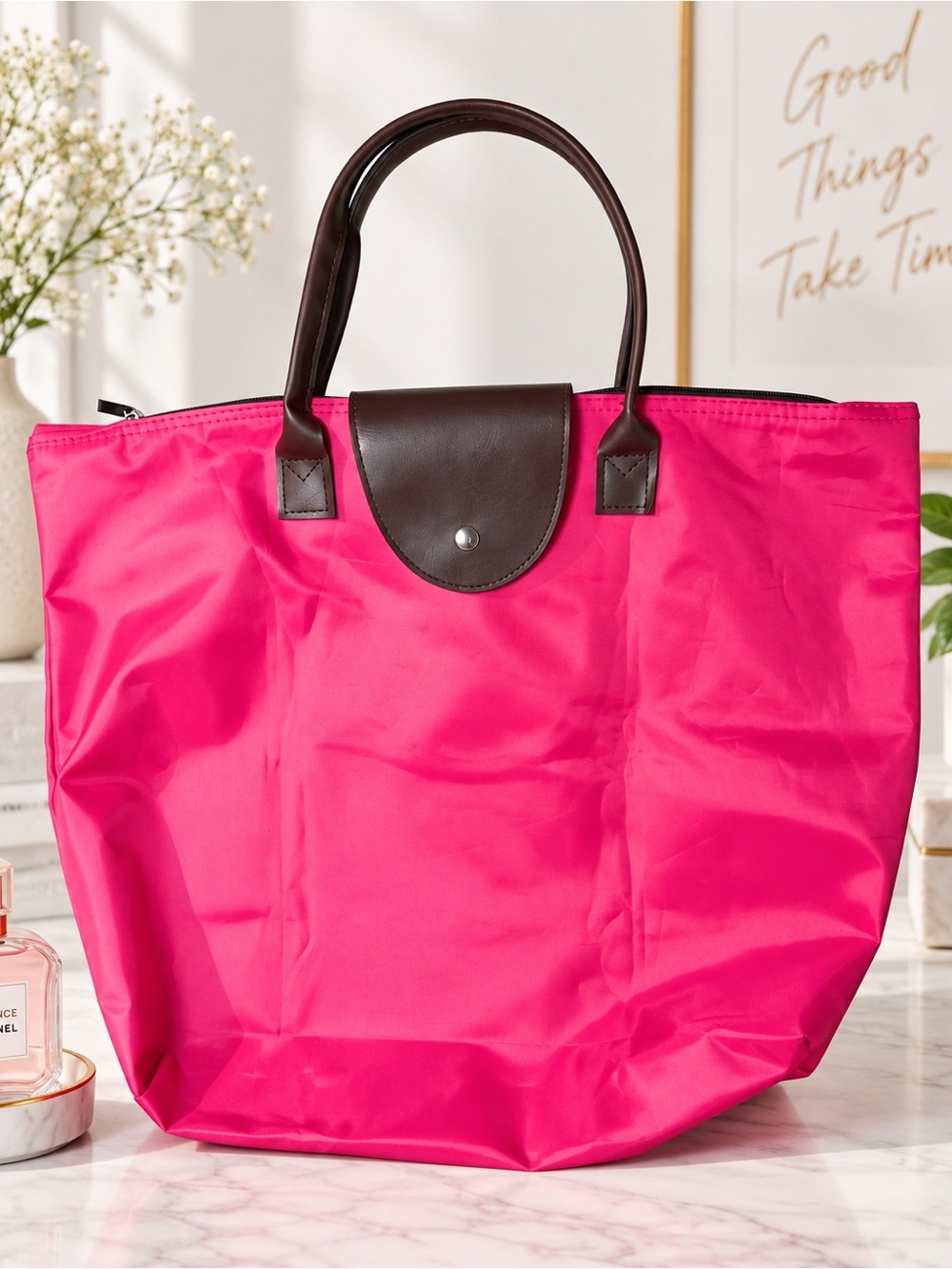 Hot Pink Nylon Tote Bag Brown Handles Zip Top Large Carryall Y2K Barbiecore Chic